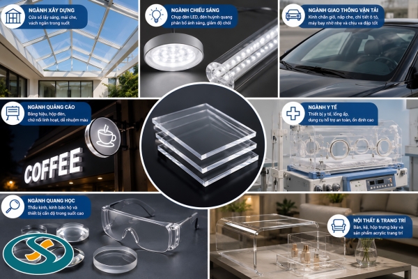 Nhựa PMMA được sử dụng trong xây dựng, quảng cáo, chiếu sáng và nội thất nhờ tính linh hoạt và độ bền cao 
