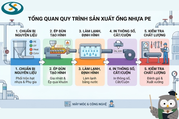 Quy trình sản xuất ống nhựa PE bằng công nghệ ép đùn với hệ thống máy hiện đại